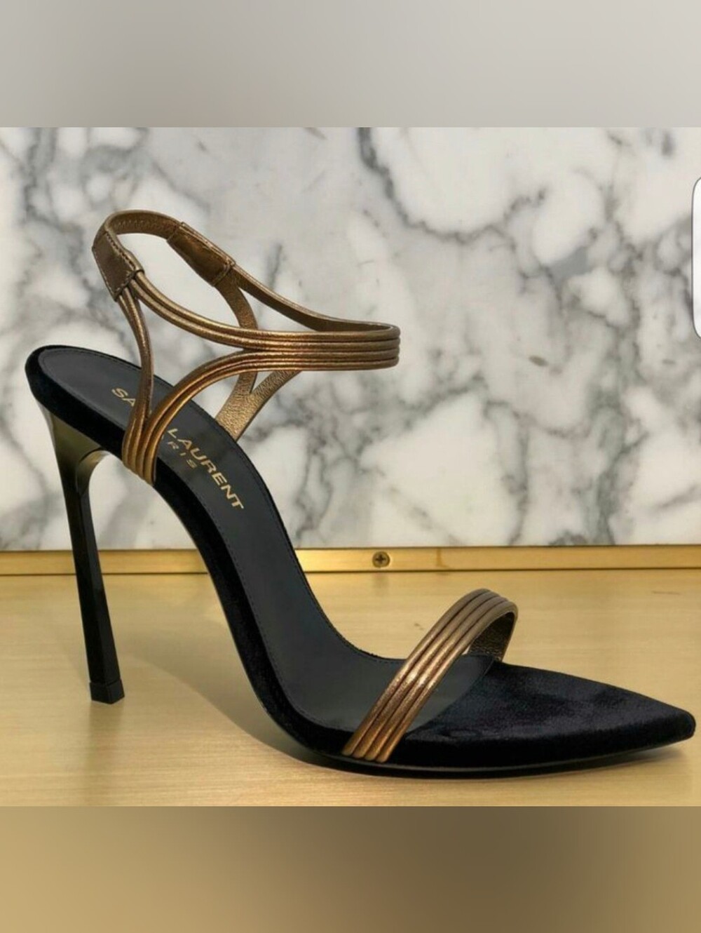 Saint Laurent Paris Black and Metallic Gold Slingback Sandals - Picture 2 of 8